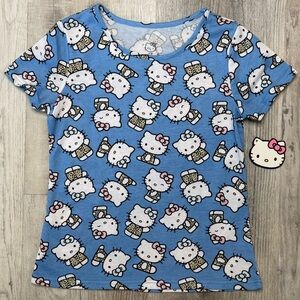 Hello Kitty Patterned Blue Short Sleeve Tee Girls Size 8/10 NWT